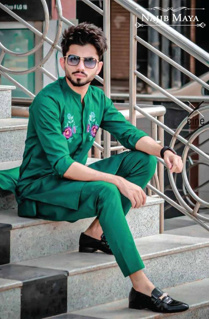 Green Flower Embroidery Kurta Pajama For Men's