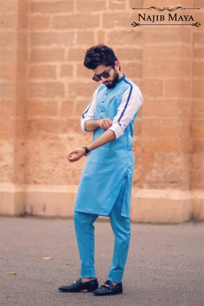 Blue & White Kurta Pajama For Men's