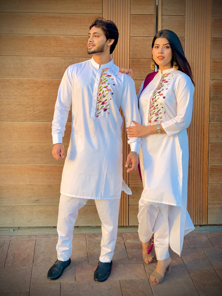 White Stylish Kurta Pajama For Couples