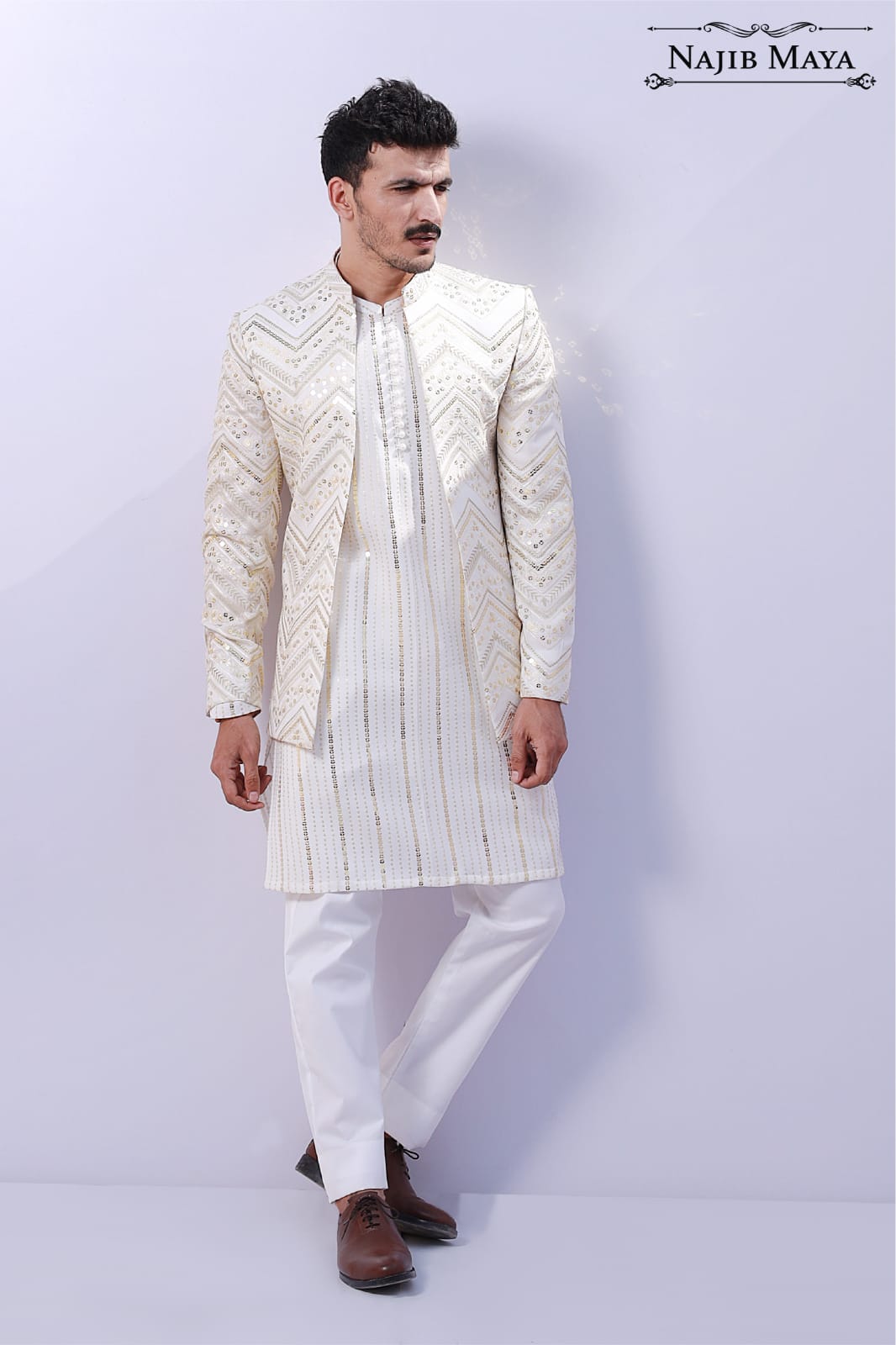 White Stylish Sequence Prince Coat For Men's Main image