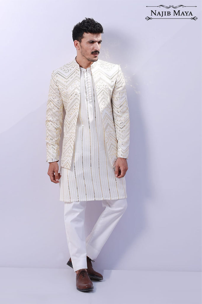 White Stylish Sequence Prince Coat For Men's