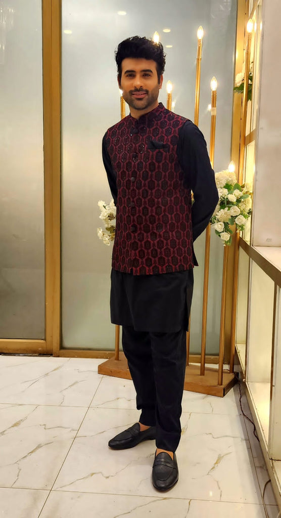 Maroonish Embroidered Waist Coat For Men's