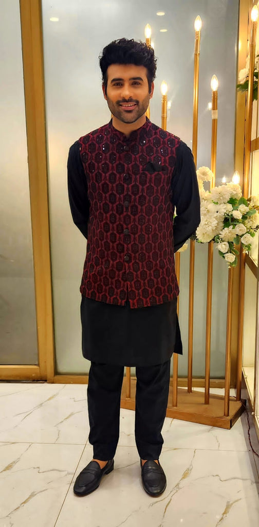 Maroonish Embroidered Waist Coat For Men's