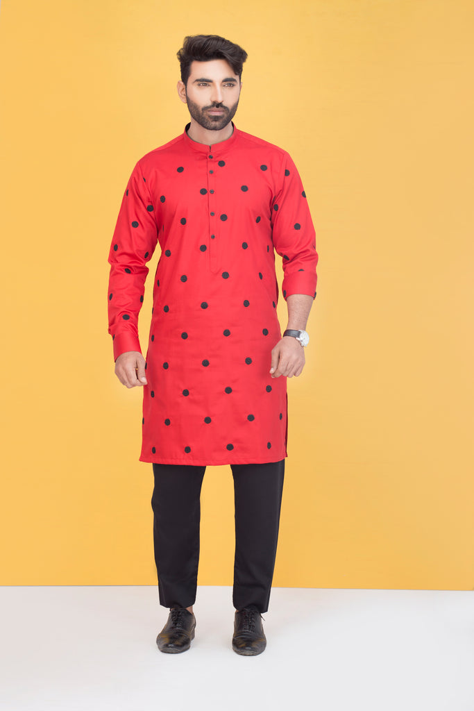 Red With Black Dot Embroidered Kurta Pajama For Men's