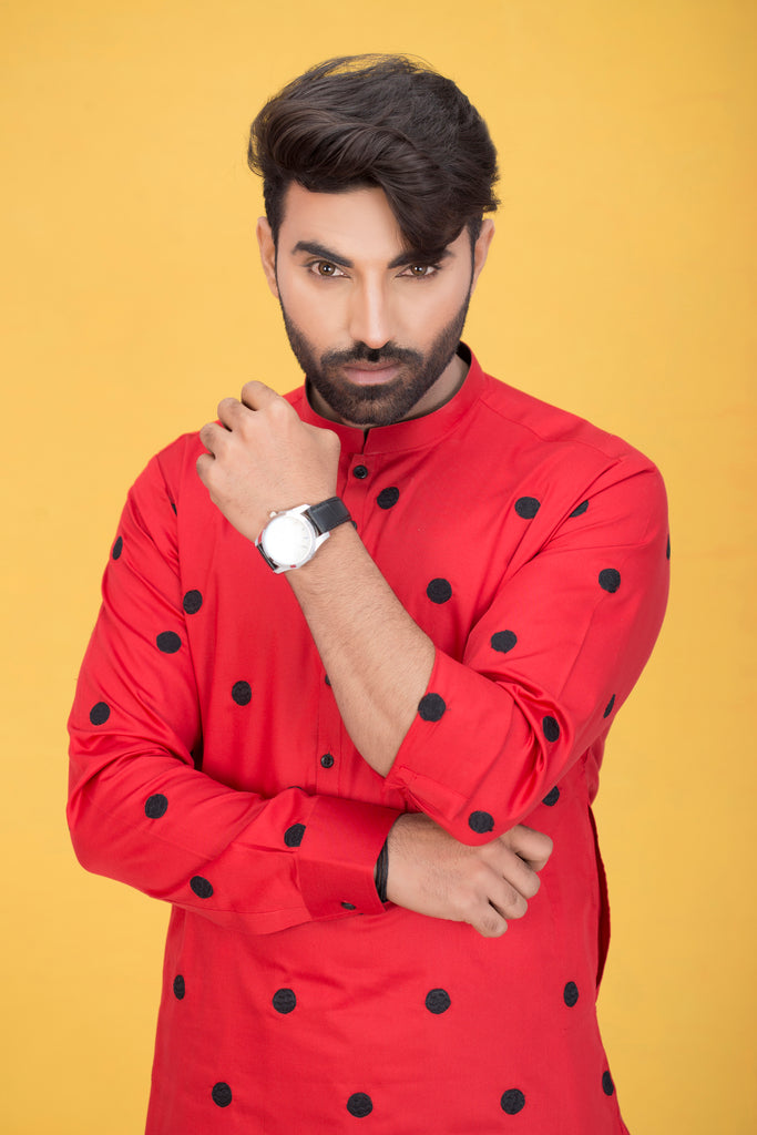 Red With Black Dot Embroidered Kurta Pajama For Men's