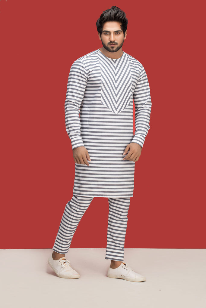 White With Gray Lining Kurta Pajama For Men's
