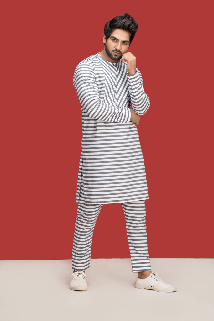 White With Gray Lining Kurta Pajama For Men's