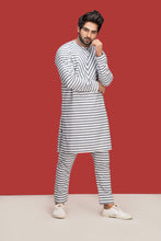 Load image into Gallery viewer, White With Gray Lining Kurta Pajama For Men&#39;s