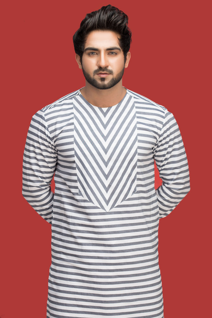 White With Gray Lining Kurta Pajama For Men's