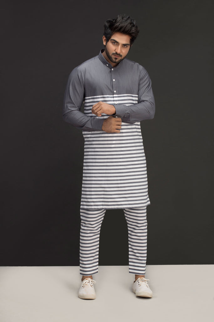 Gray & White Lining Kurta Pajama For Men's