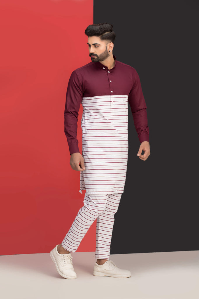 Maroon & Off White Lining Kurta Pajama For Men's