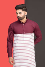 Load image into Gallery viewer, Maroon &amp; Off White Lining Kurta Pajama For Men&#39;s