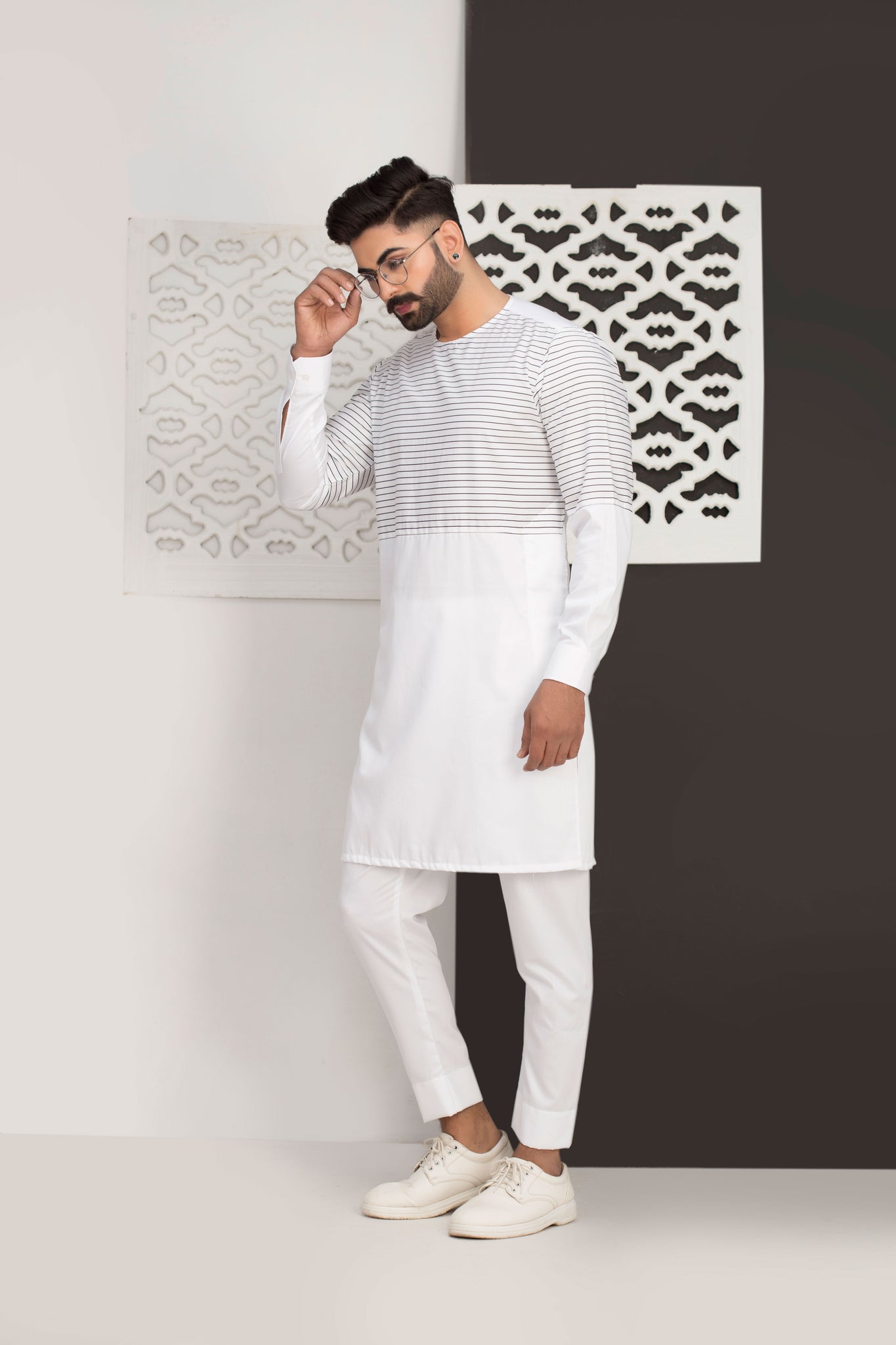 White With Black Lining Kurta Pajama For Men s Najib Maya