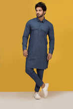 Load image into Gallery viewer, Blue Texture Front Pocket Kurta Pajama For Men&#39;s