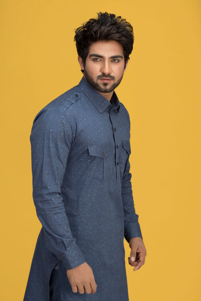 Blue Texture Front Pocket Kurta Pajama For Men's