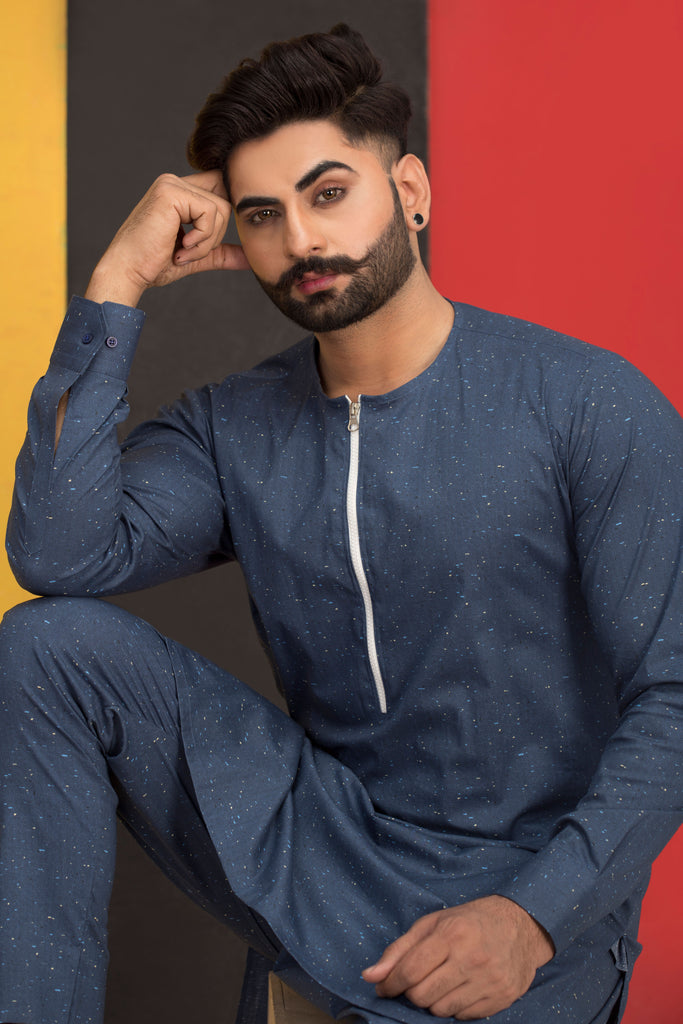 Blue Texture Kurta Pajama For Men's