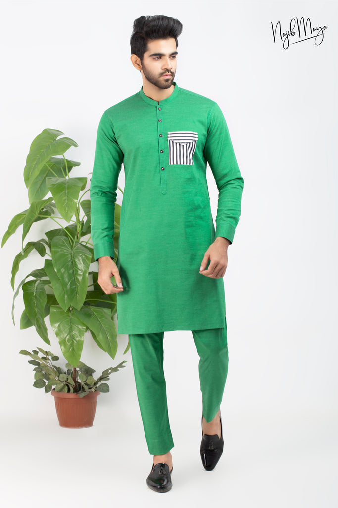Green Front Pocket Kurta Pajama For Men's