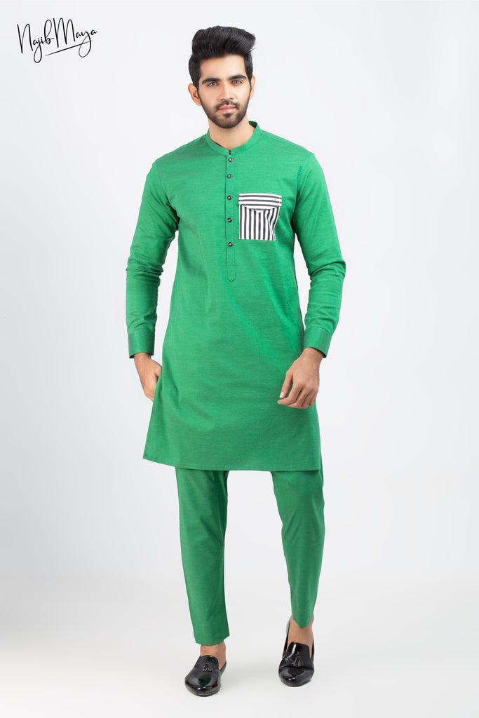Green Front Pocket Kurta Pajama For Men's