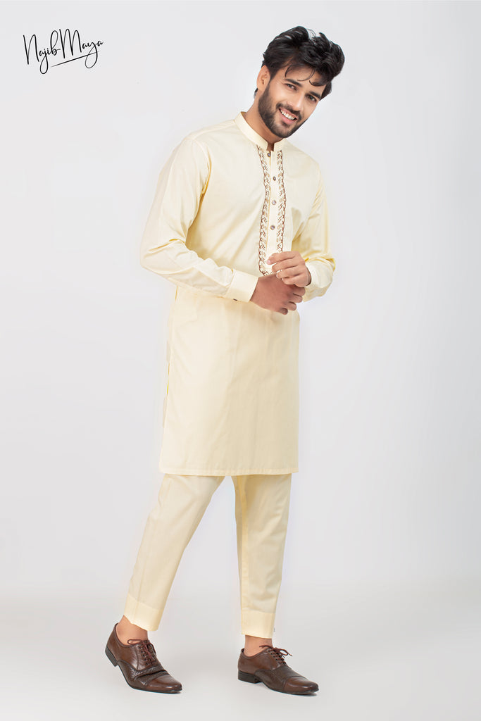 Yellow Embroidered Kurta Pajama For Men's