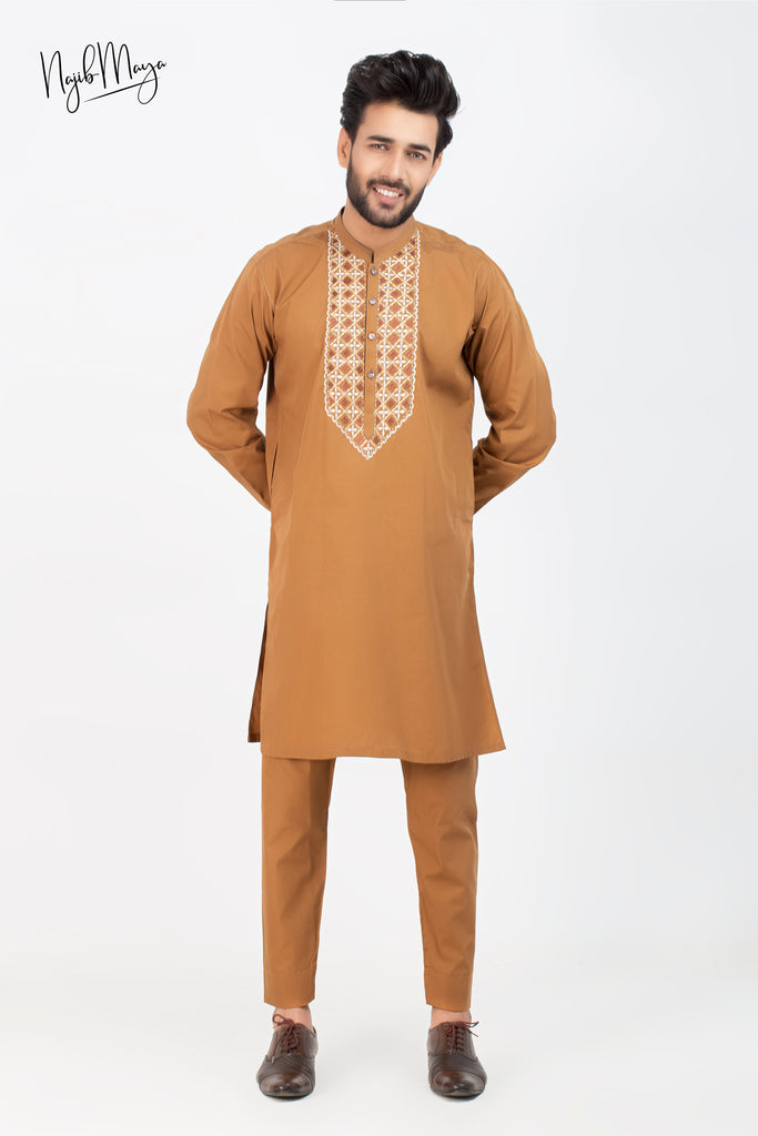 Brown Front Embroidery Kurta Pajama For Men's