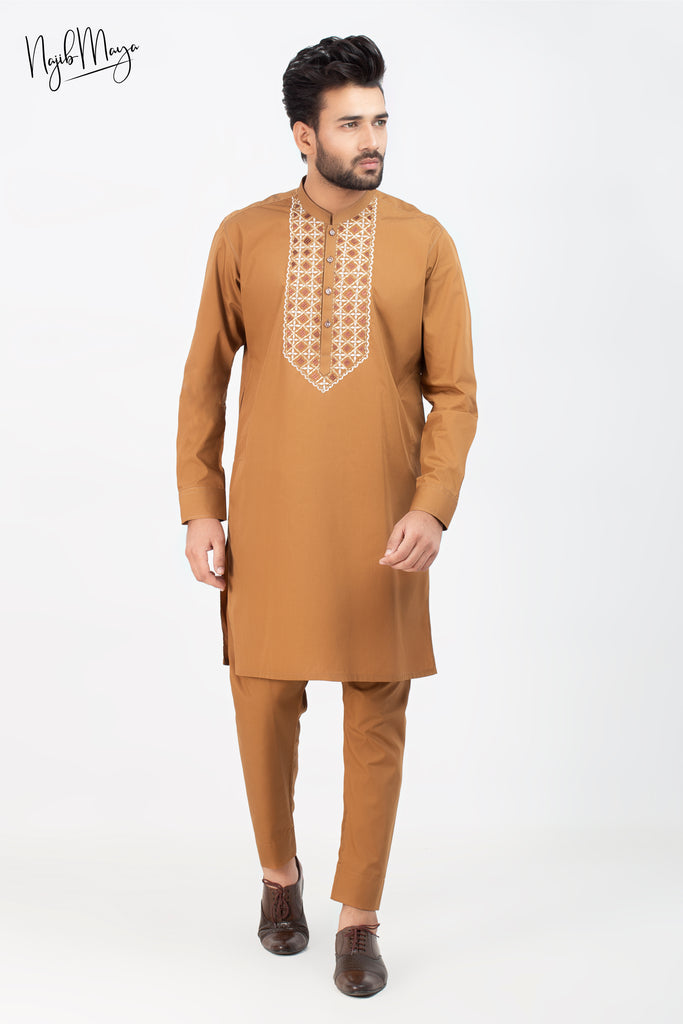 Brown Front Embroidery Kurta Pajama For Men's