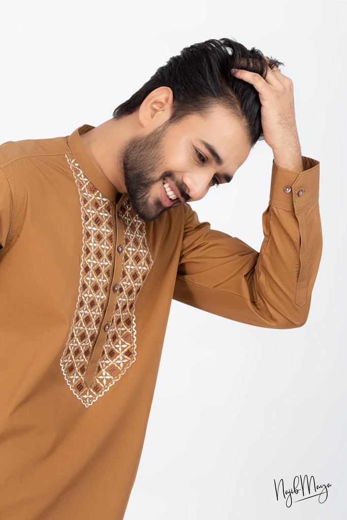 Brown Front Embroidery Kurta Pajama For Men's