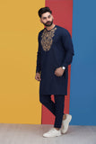 Navy Blue Front Embroidery Kurta Pajama For Men's