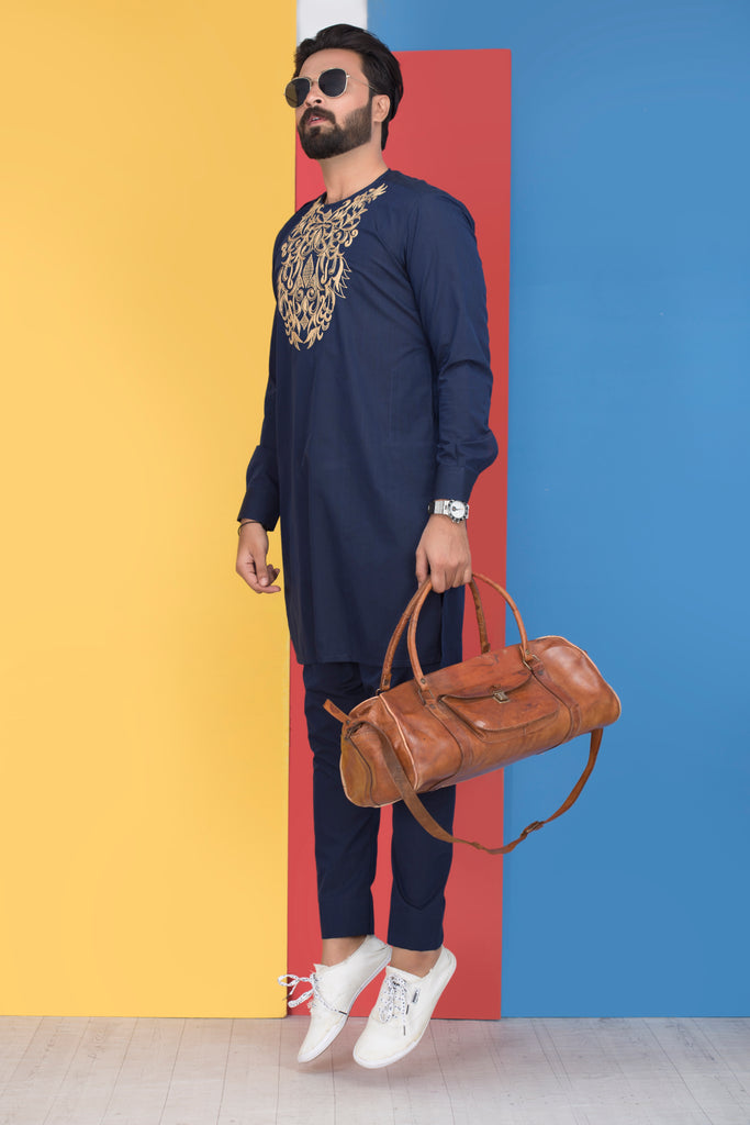 Navy Blue Front Embroidery Kurta Pajama For Men's