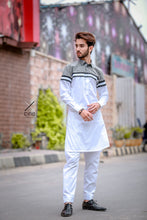 Load image into Gallery viewer, White With Gray Kurta Pajama For Men&#39;s