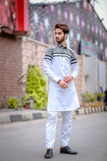 White With Gray Kurta Pajama For Men's