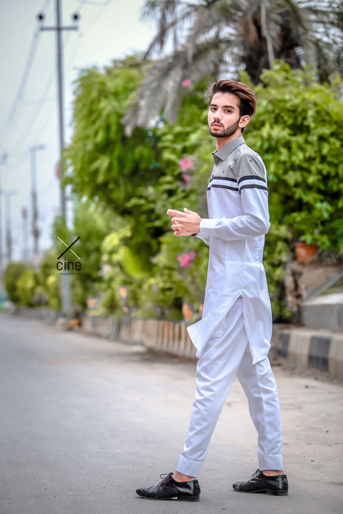 White With Gray Kurta Pajama For Men's