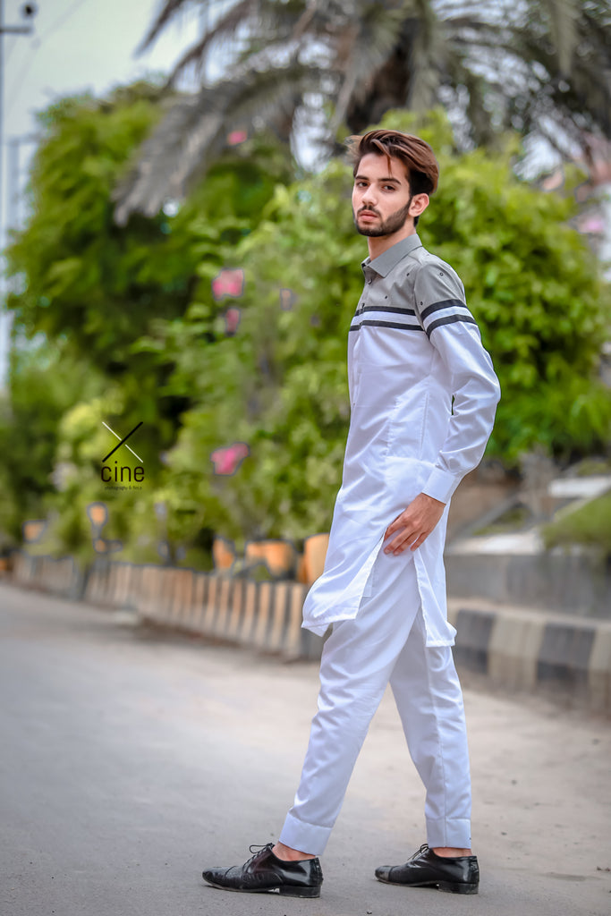 White With Gray Kurta Pajama For Men's