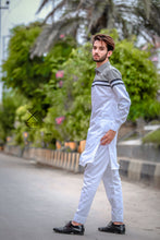 Load image into Gallery viewer, White With Gray Kurta Pajama For Men&#39;s