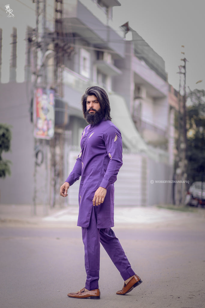 Purple Stylish Embroidery Kurta Pajama For Men's
