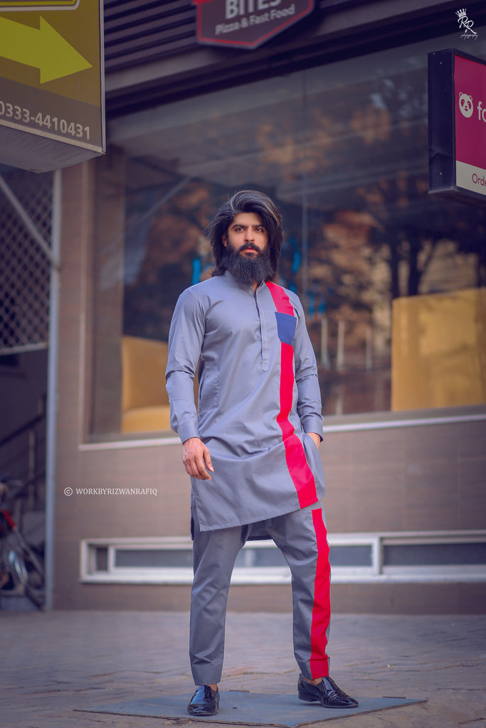 Gray Stylish With Front Red Design Kurta Pajama For Men s Najib Maya