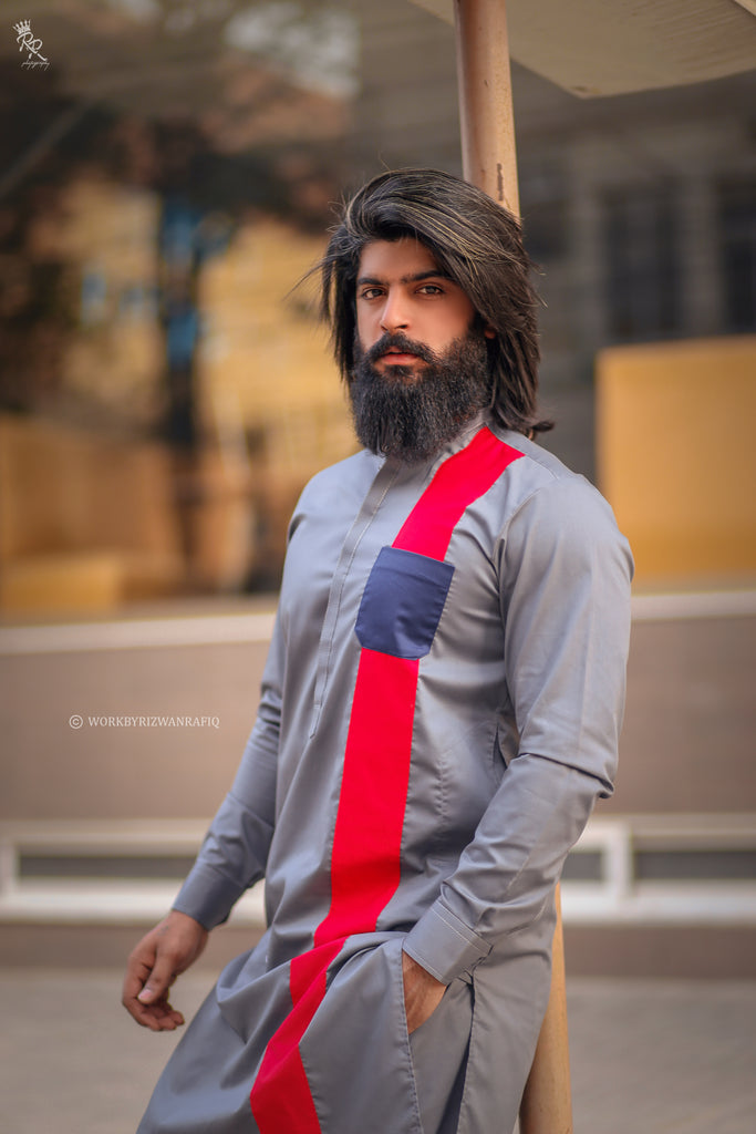 Gray Stylish With Front Red Design Kurta Pajama For Men's