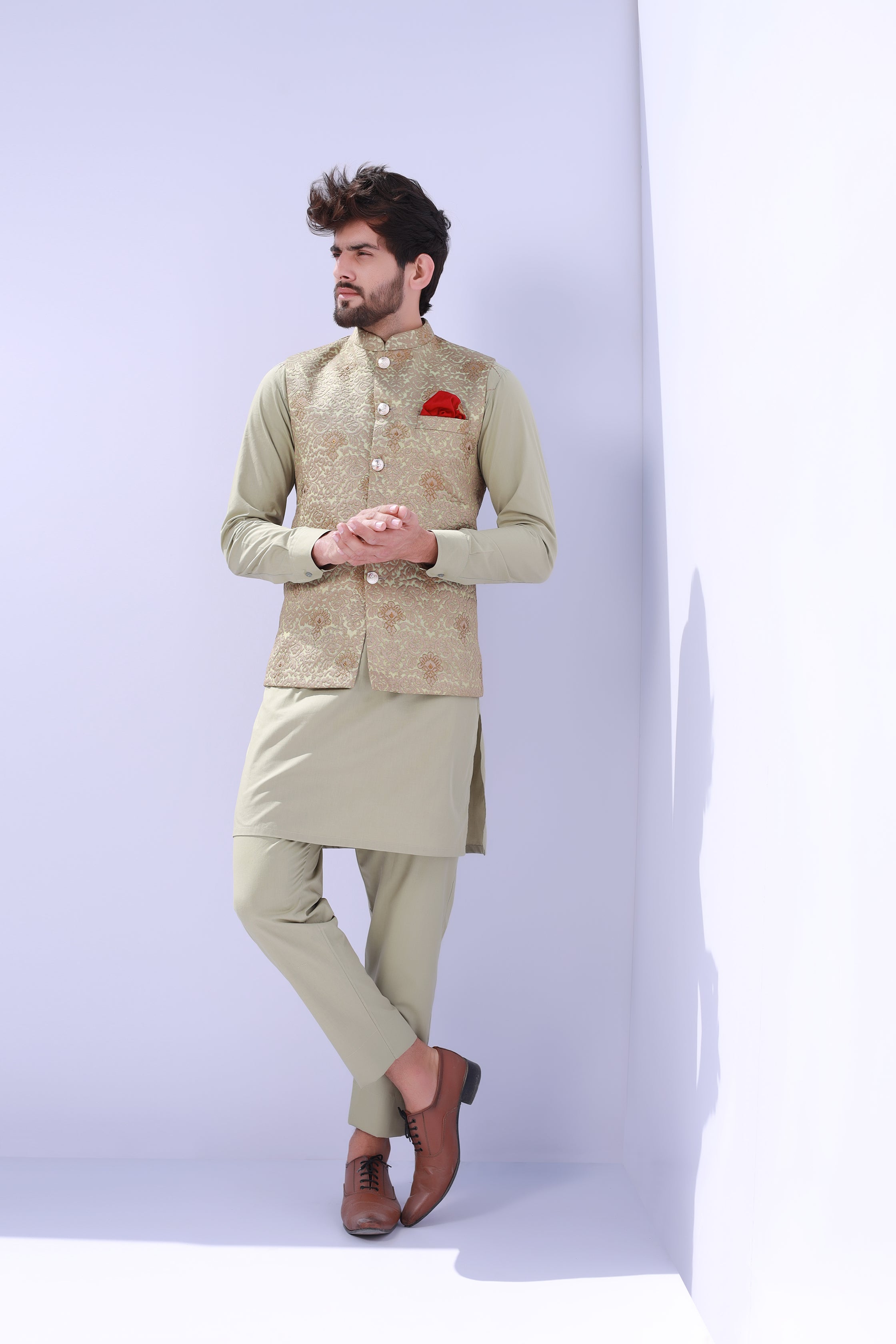Greenish Embroidery Waist Coat For Men's Main image