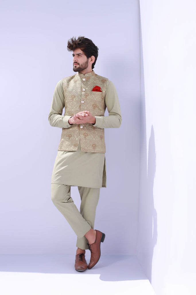 Greenish Embroidery Waist Coat For Men's