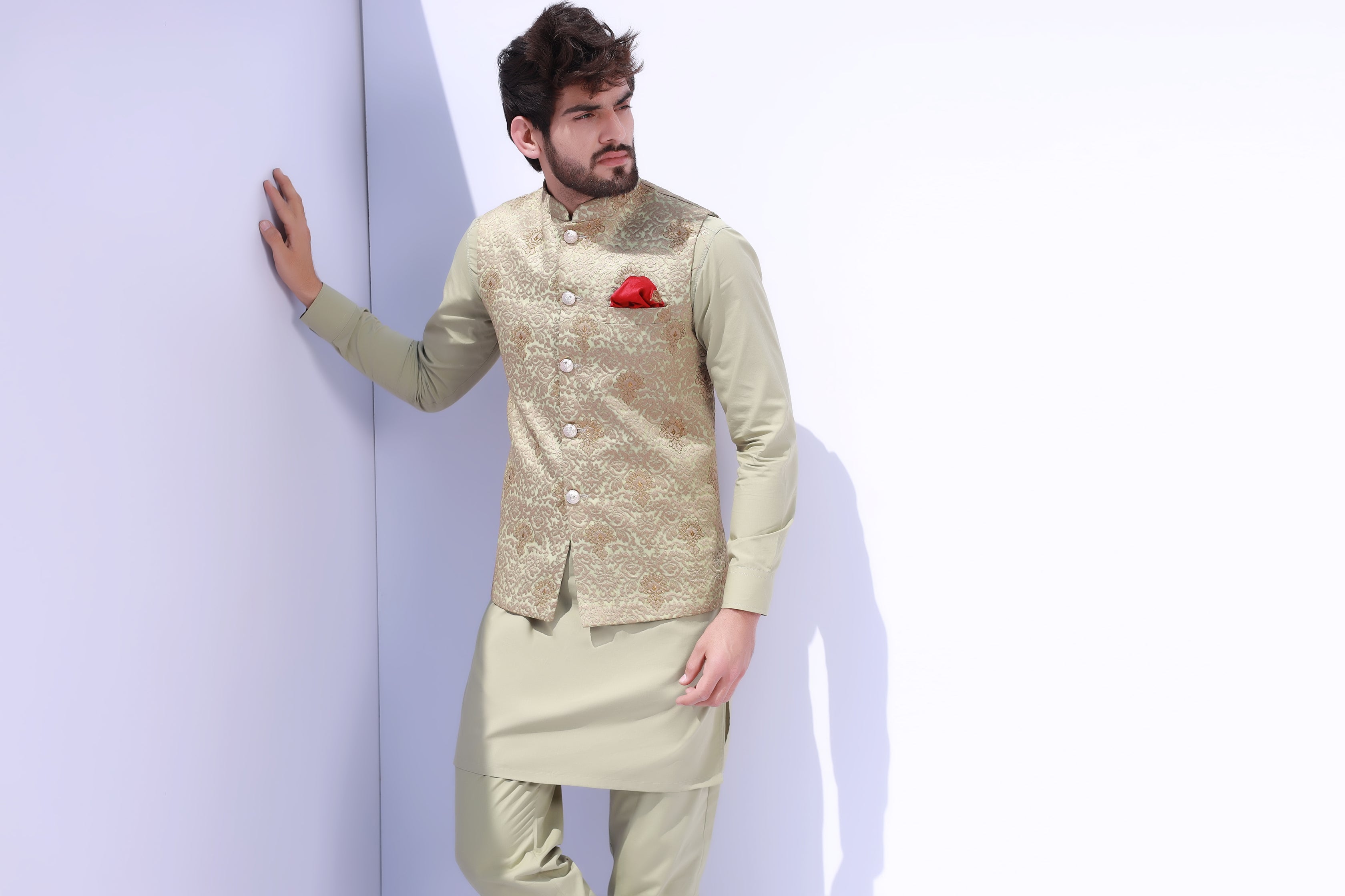 Greenish Embroidery Waist Coat For Men's Secondary image