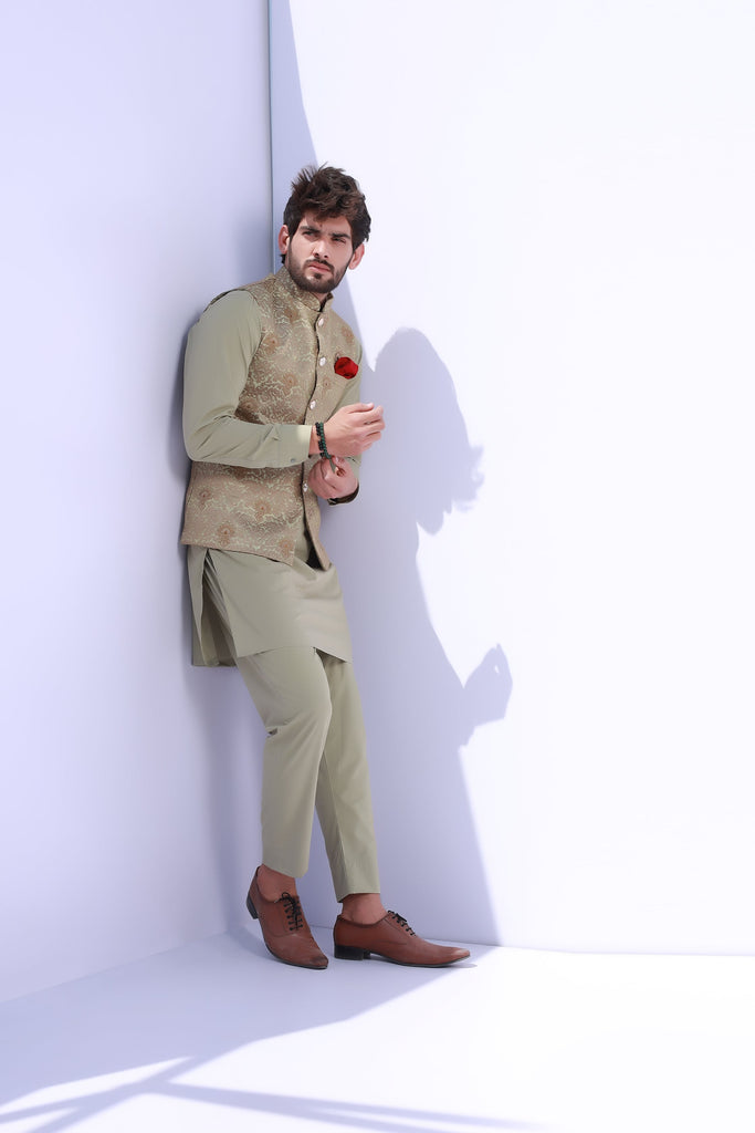 Greenish Embroidery Waist Coat For Men's