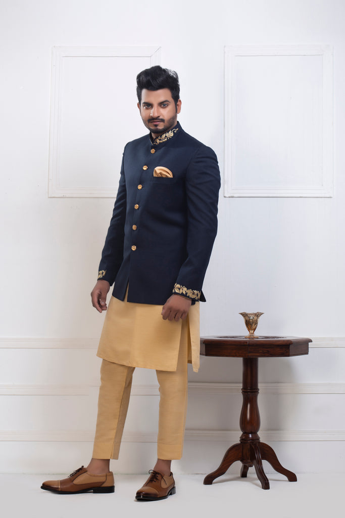 Navy Blue Sequence Embroidery Prince Coat For Men's