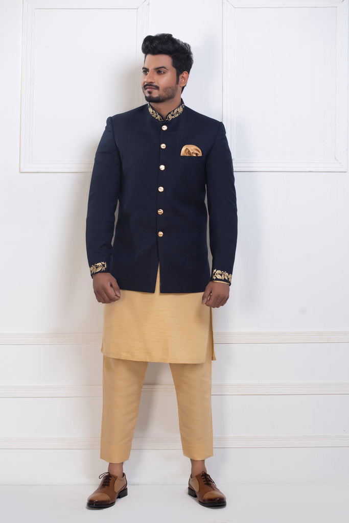 Navy Blue Sequence Embroidery Prince Coat For Men's