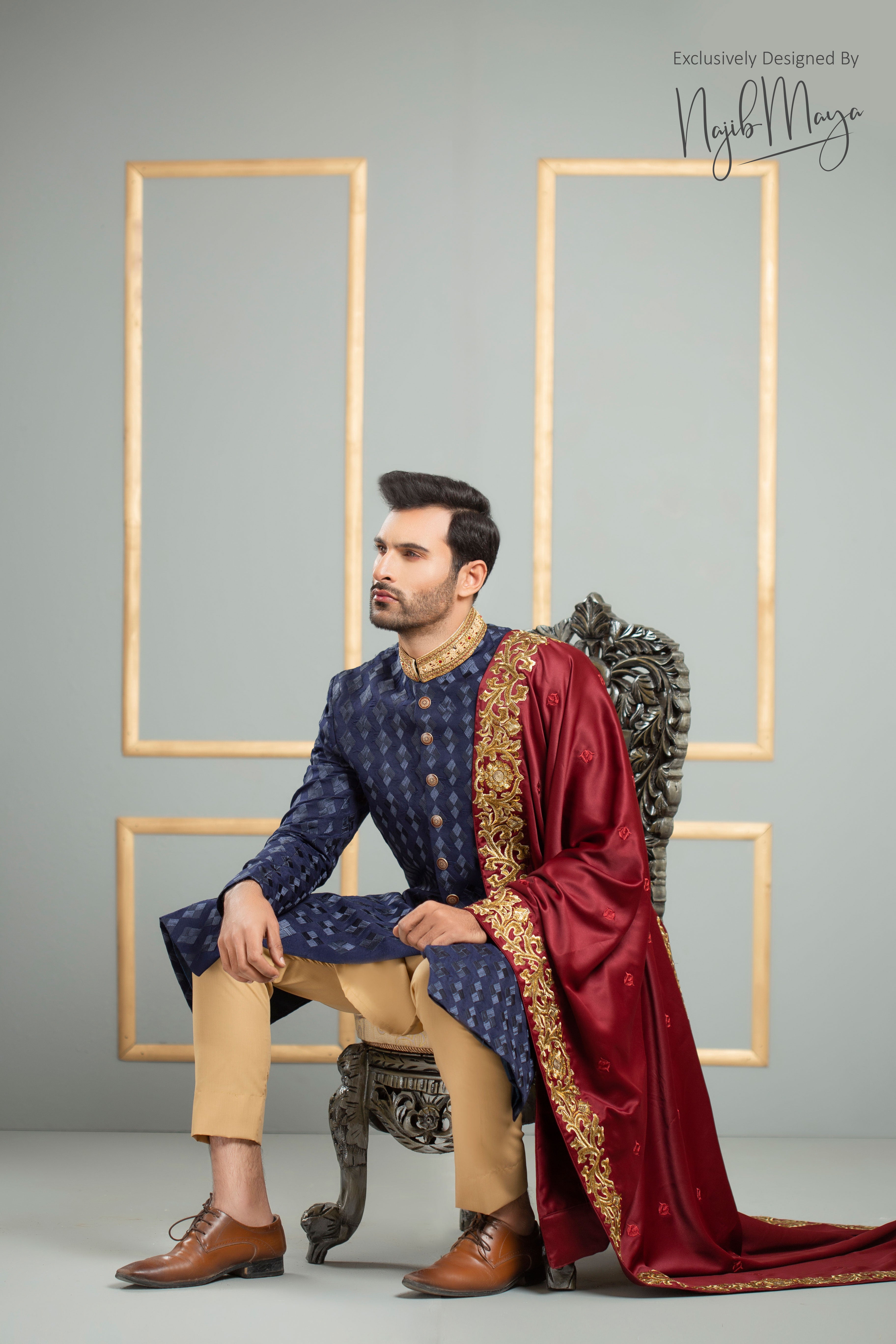 Navy Blue Traditional Embroidered Sherwani For Men's Secondary image