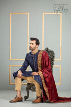 Navy Blue Traditional Embroidered Sherwani For Men's