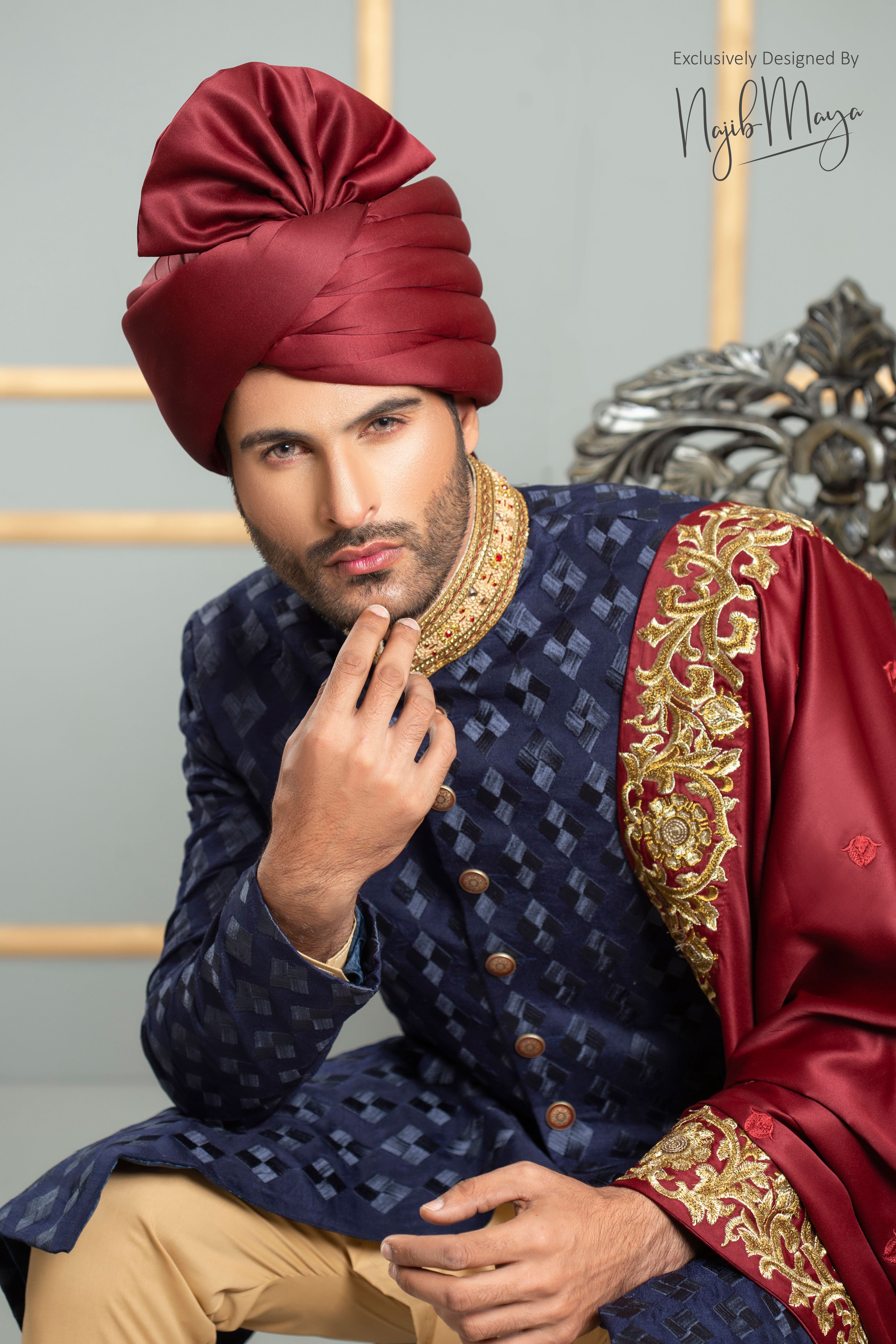 Navy Blue Traditional Embroidered Sherwani For Men's