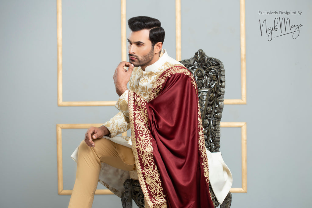 White & Golden Traditional Embroidered Sherwani For Men's