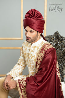 White & Golden Traditional Embroidered Sherwani For Men's