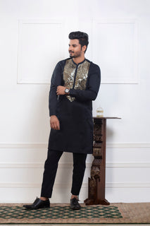 Black Front Sitara Kurta Pajama For Men's