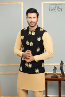 Black Elegant Embroidered Waist Coat For Men's