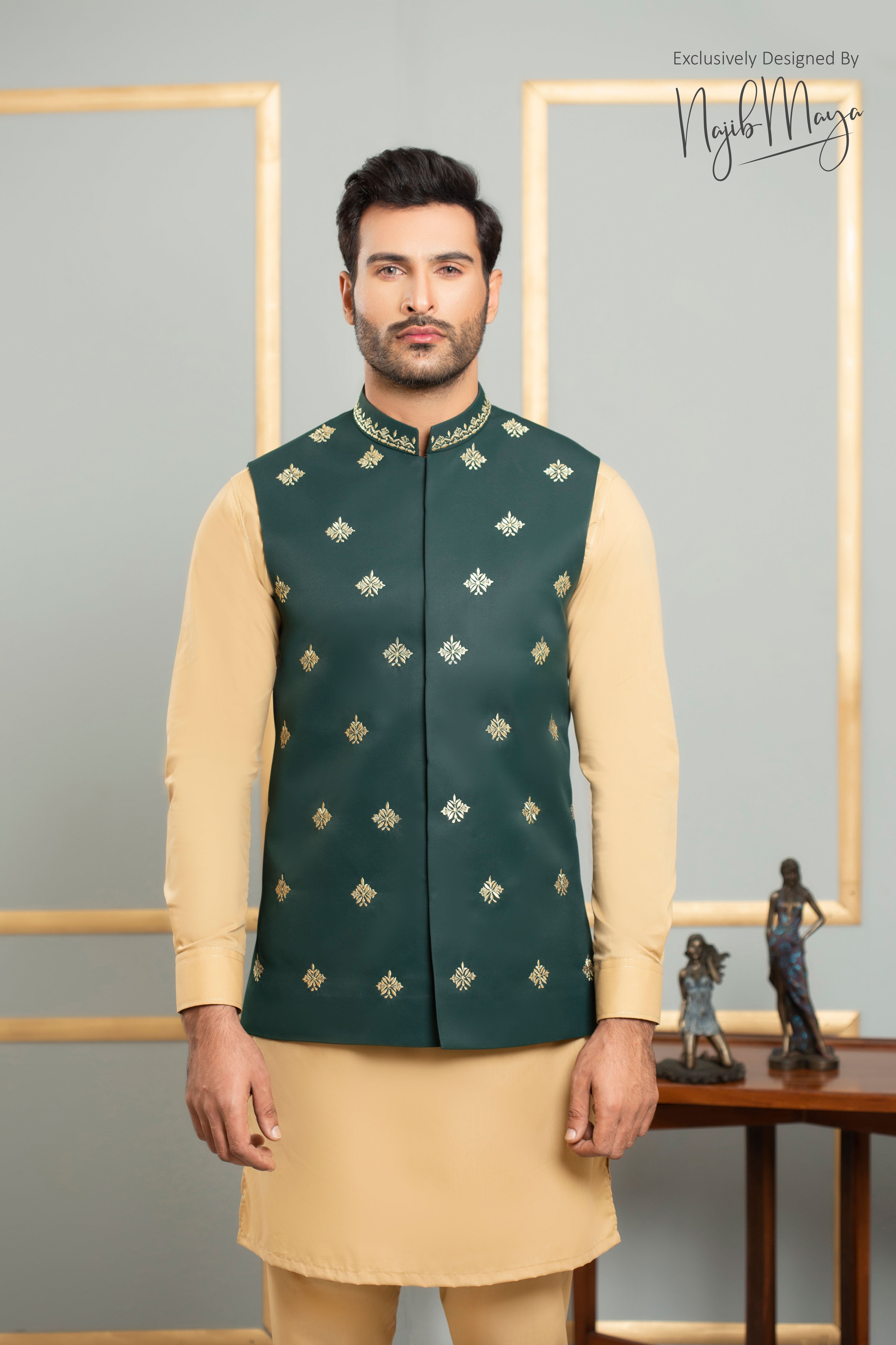 Green Embroidery Waist Coat For Men's Main image